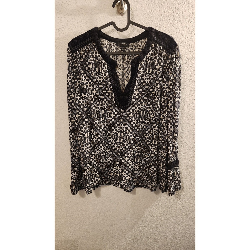Lucky Brand Velvet Trim Printed Long Sleeve Peasant Top Women's‎ Size XL